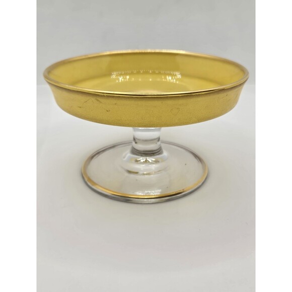 Yellow Depression Glass Pedestal Cheese Compote 4.75" Gold Edging Candy/Nut Dish - Picture 10 of 16